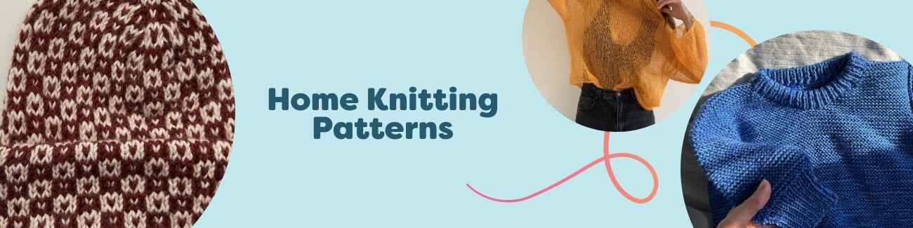 Collage of free home knitting patterns from Hobbii, featuring cozy beanies, baby sweaters, and jumpers in soft yarns on a neutral background.