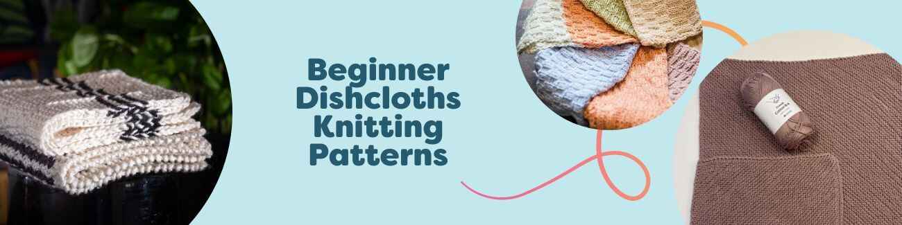 A grid of beginner-friendly knitted dishcloth patterns from Hobbii, showing basket stitch, ribbed and textured cotton cloths and a matching towel.
