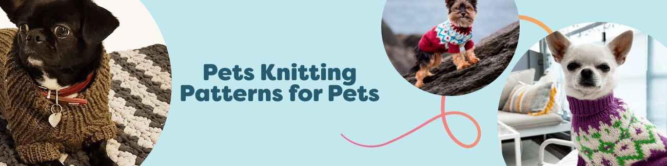 Grid of free pet knitting patterns from Hobbii: dog sweaters sized for Chihuahua, Yorkshire Terrier, Cocker Spaniel, and Bichon Havanais, shown with soft yarn.