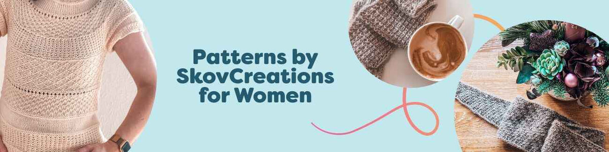 Women's knit and intermediate crochet patterns by SkovCreations for Hobbii, showing a cardigan, T-shirt, scarves, and a cozy hood in soft yarns.
