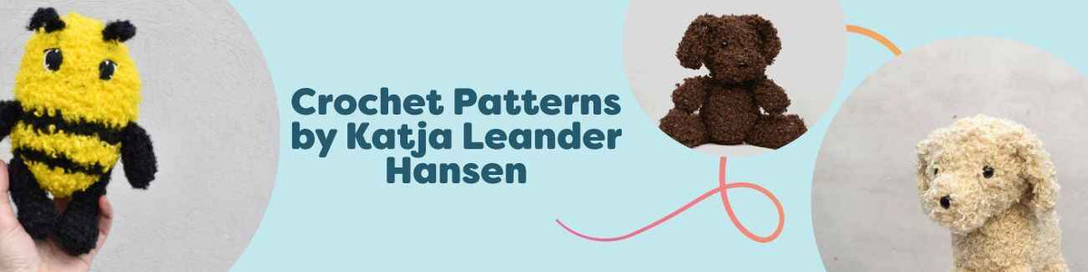 Selection of intermediate crochet patterns by Katja Leander Hansen at Hobbii, featuring amigurumi animals like a Cavapoo, pug, bee, and frog with coordinating yarn.