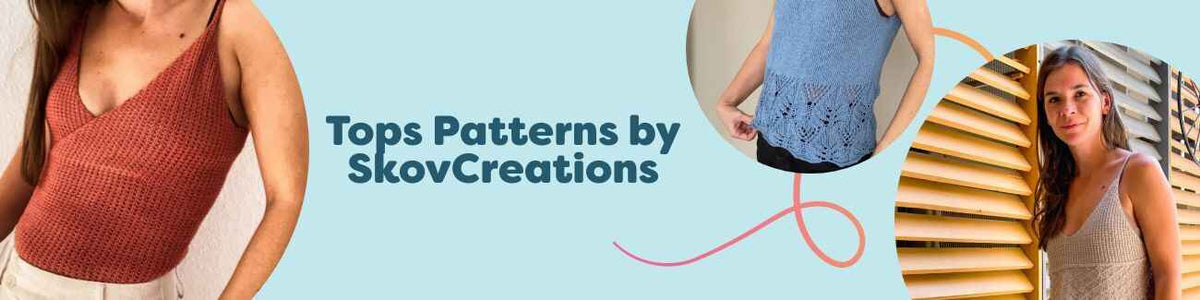 Collection of SkovCreations crochet tops—textured summer tees, tanks, and an elegant bolero—styled with Hobbii yarn in soft seasonal colors.