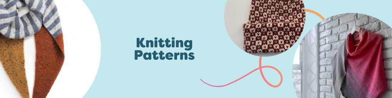 Grid of Hobbii knitting patterns including scarf, beanie, shawl, and bag designs in soft yarns and modern colors.