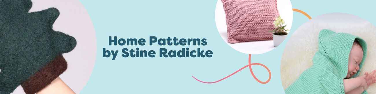 Free home knit and crochet patterns by Stine Radicke for Hobbii shown as cozy Nordic pillows, a felted grill mitt, baby wrap, and minimal seasonal decor.