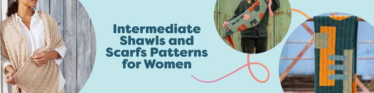 Models wearing women's intermediate shawls, scarves, wraps, and bandanas in varied stitches and colors, showcasing Hobbii's free pattern collection.