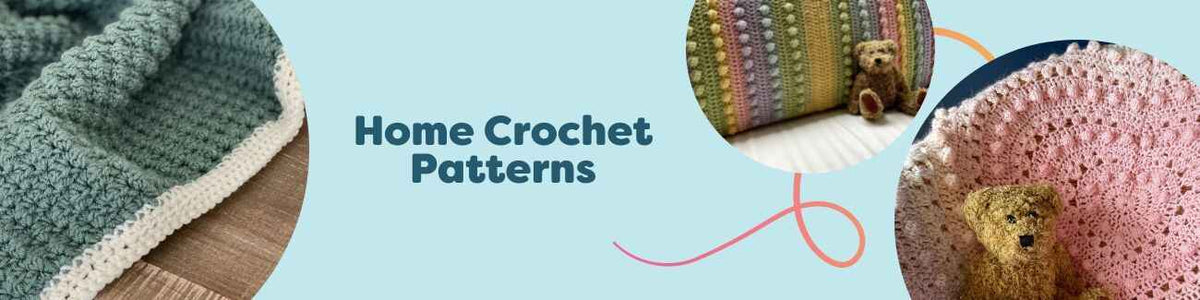 Hobbii home crochet patterns shown with blankets, baby blankets, throws, and pillows in soft yarns and modern colors, styled in a cozy living room.