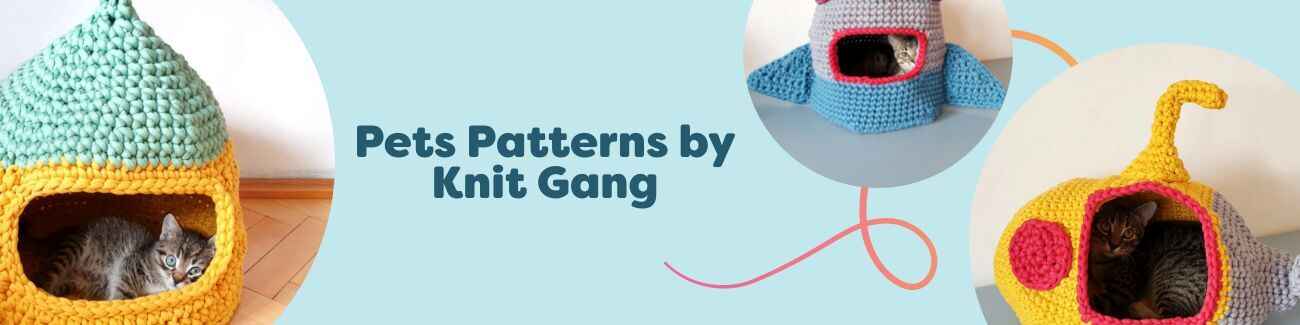Five cat house crochet patterns by Knit Gang—Purrfect, Space Cat, Captain Cat, Kitty, and Chicky Kitty—styled with cozy Hobbii yarn.