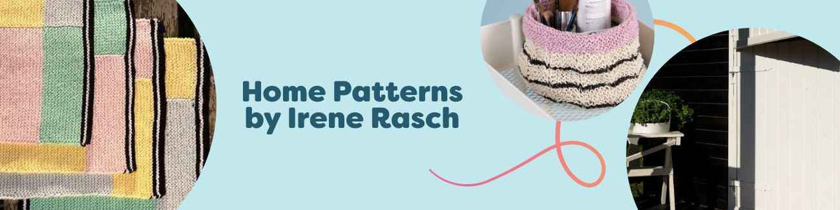 Collection of free home crochet patterns by Irene Rasch from Hobbii, featuring napkins, baskets, placemats, mats, and a bath mat in a clean Scandinavian style.