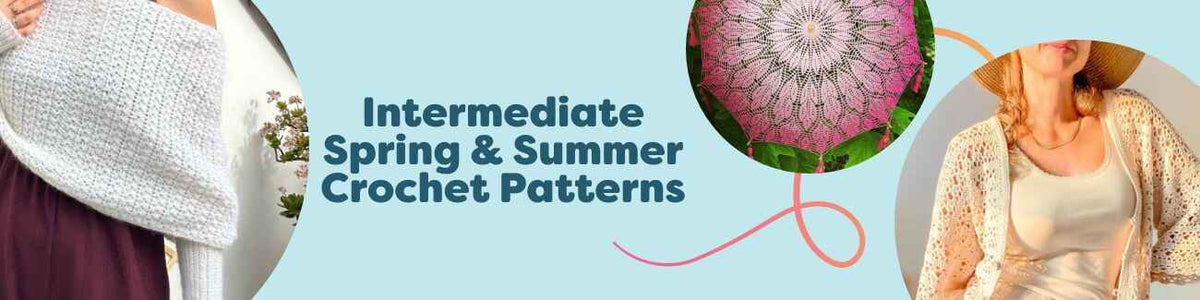 Assortment of intermediate spring and summer crochet patterns from Hobbii—lightweight tops, tees, cardigans, and shawls in breathable yarns.