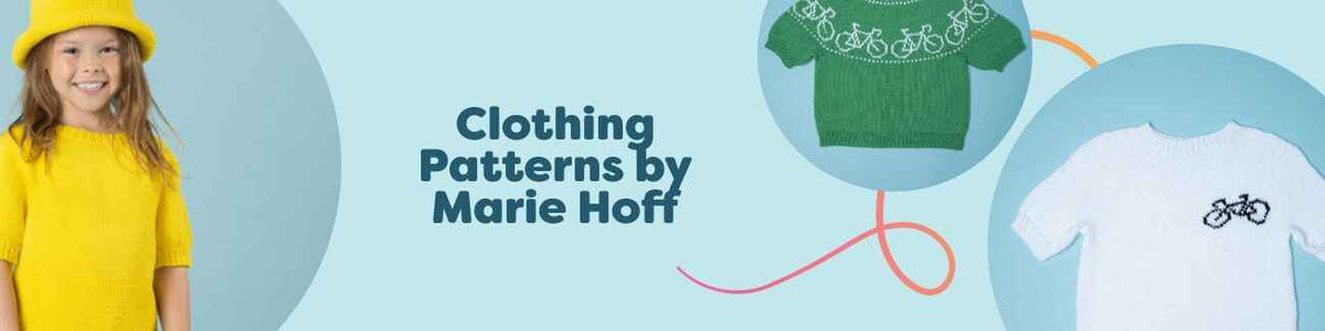 Free knit and crochet clothing patterns by Marie Hoff, featuring cycling‑inspired adult and children’s T‑shirt designs in yellow, white, and green.