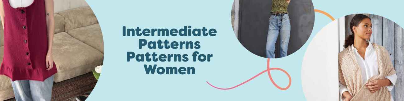 Assortment of women’s intermediate crochet patterns—dress, top, shawl, bag, and skirt—made with Hobbii yarns.