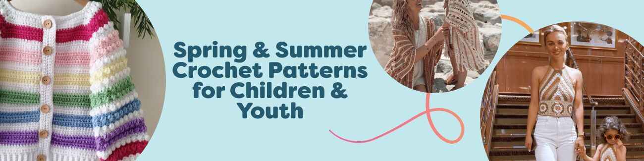 Spring and summer crochet patterns for children and youth—cardigans, tops, bucket hats, and bags from Hobbii.