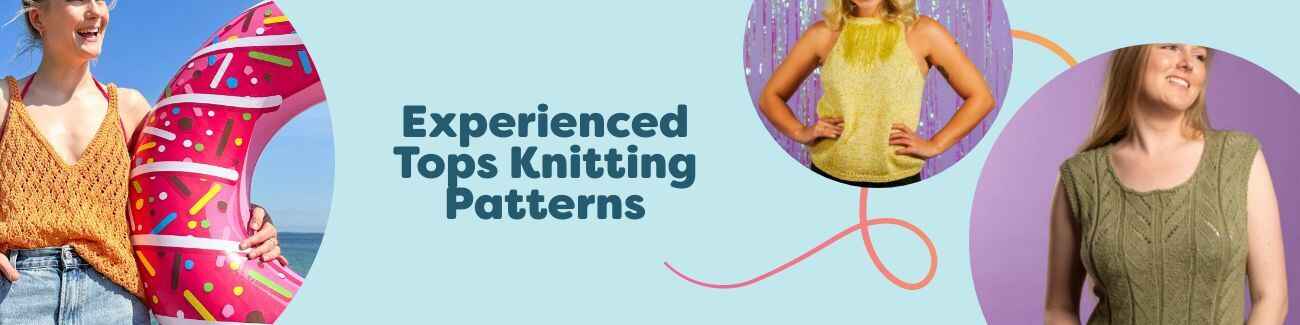 Collection of experienced-level knit top patterns from Hobbii, featuring lace, cables, and textured details in breathable summer yarns.