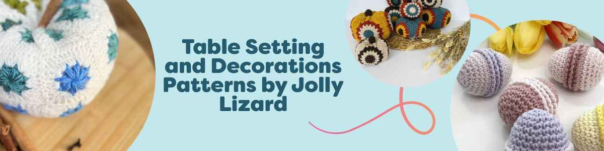 Crochet table decorations by Jolly Lizard: rustic pumpkins and pastel Easter eggs arranged on a styled dining table with plates, napkins, and greenery.