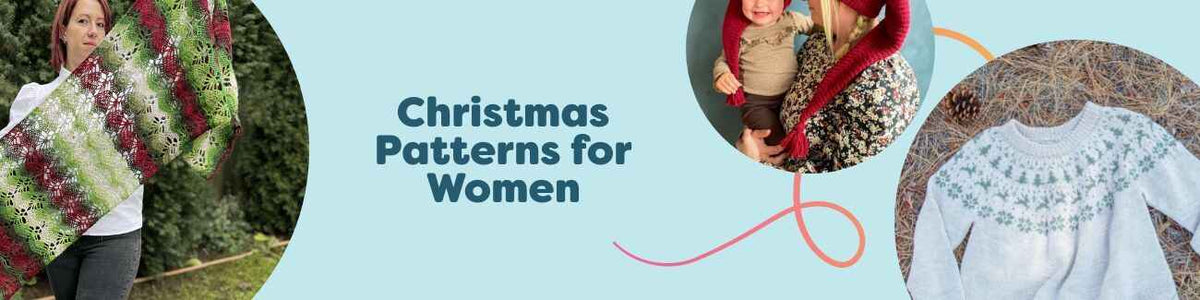 Women’s Christmas knitting and crochet collection featuring cozy sweaters, pixie hats, shawls, and scarves in festive reds, greens, and winter neutrals made with Hobbii yarn.