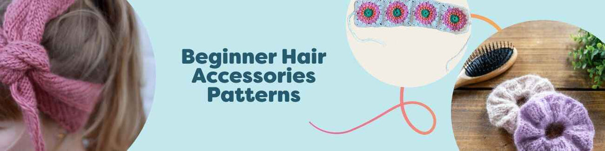 Assorted handmade hair accessories—knit and crochet bows, scrunchies, and headbands—in soft yarns, styled together to represent beginner-friendly projects.
