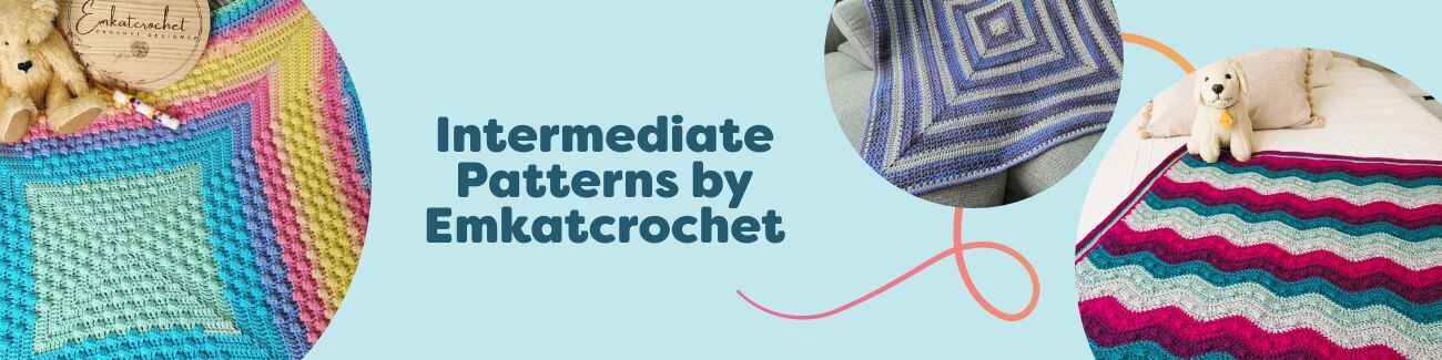Selection of Emkatcrochet intermediate crochet patterns: textured baby blankets, ripple and bobble throws, a scarf, and an advent calendar at Hobbii.