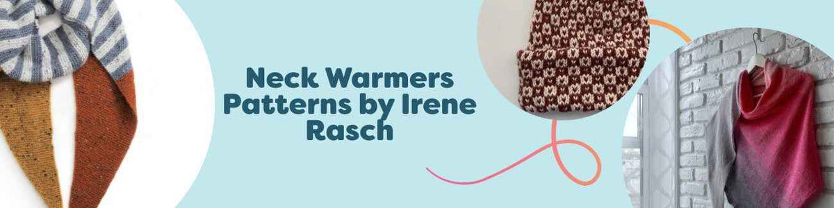 Assortment of knit and crochet neck warmers and cowls by Irene Rasch for Hobbii, in varied yarn weights, textures, and colours.