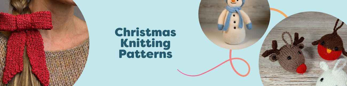 Festive grid of free Christmas knitting patterns from Hobbii: sweaters, snowman toy, knitted bows, and tree ornaments in holiday colors.