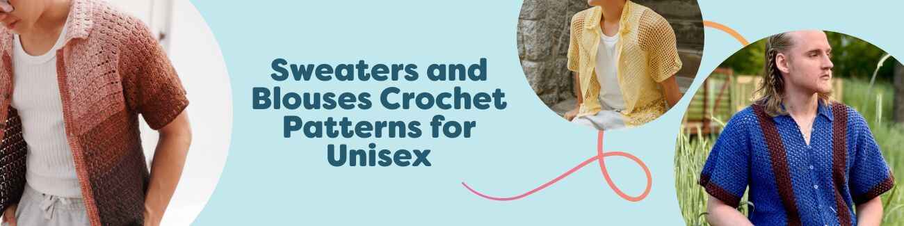 Assortment of unisex crochet sweaters, blouses, shirts and a hoodie from Hobbii, shown in varied textures and colors.
