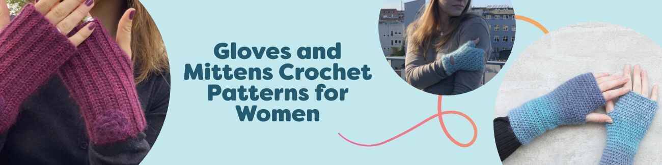 Women’s crochet mittens, gloves, and wrist warmers in neutral and berry tones laid flat with yarn and hooks, representing Hobbii’s free pattern collection.