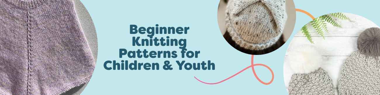Beginner-friendly kids’ and youth knitting patterns—hats, sweaters, and ponchos—styled with soft Hobbii yarn in bright, playful colors.