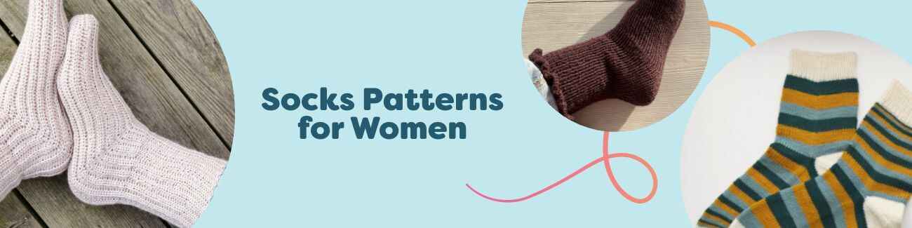 Assorted women’s sock patterns by Hobbii—knit and crochet styles from ribbed and lace to ruffled designs, displayed with coordinating yarn skeins.