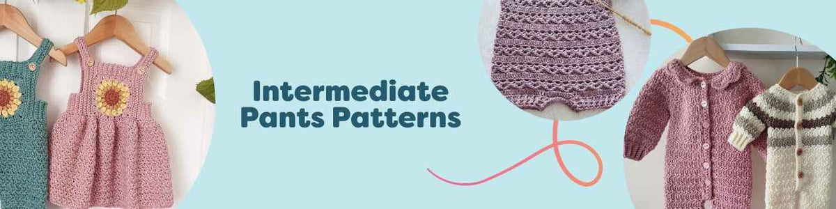Collage of intermediate pants patterns for crochet and knitting—joggers, leggings, and shorts—shown with Hobbii yarn.