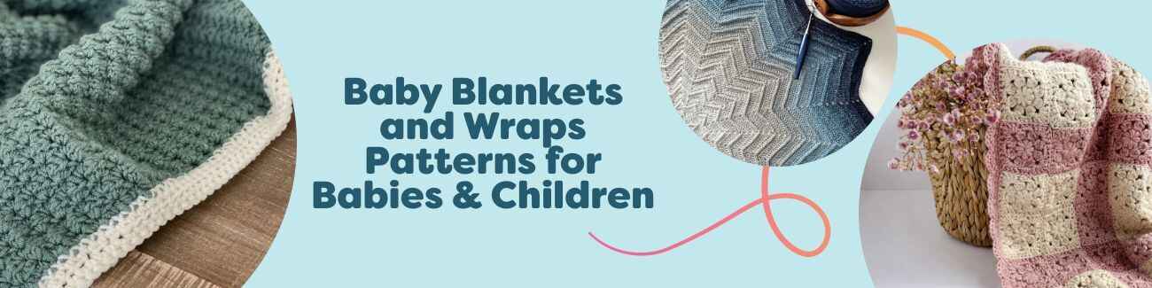 Assorted baby blanket and wrap crochet patterns with soft pastel yarns, folded in a nursery setting for babies and children.