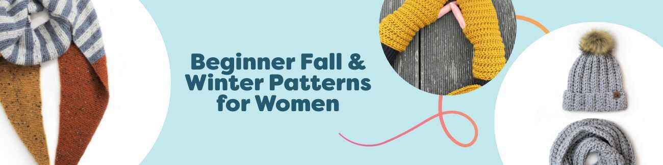 Beginner-friendly women's fall/winter knit and crochet patterns from Hobbii: scarves, beanies, wrist warmers, fingerless gloves, festive pixie hat.