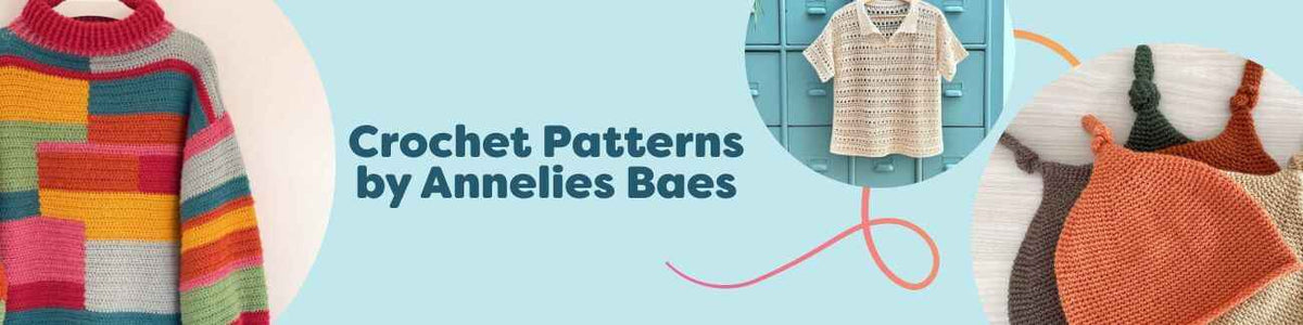 Crochet Patterns by Annelies Baes at Hobbii featuring colorful cardigans, tees, sweaters, and a square-motif bag made with soft yarns for intermediate crocheters.