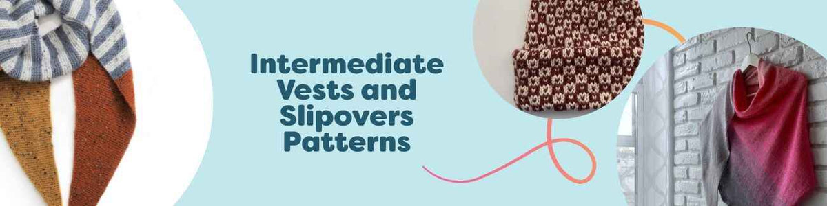 A selection of hand-knit and crocheted vests and slipovers on models, showing cables, ribbing, lace, and colorwork in soft yarns from Hobbii.