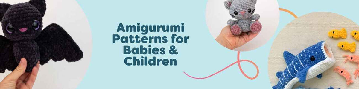 Assorted amigurumi toys for babies and children—kitten, bat, whale shark, and ray—crocheted with soft Hobbii yarns.