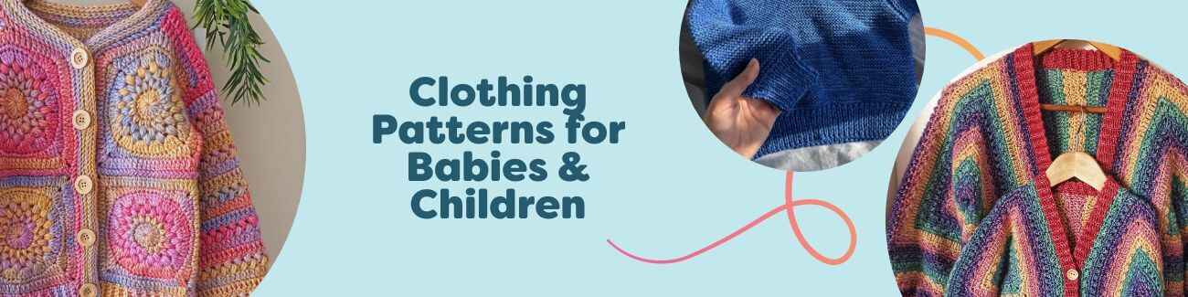 Assortment of baby and children’s knit and crochet clothing patterns from Hobbii, including cardigans, sweaters, hoodies, overalls, and dresses.