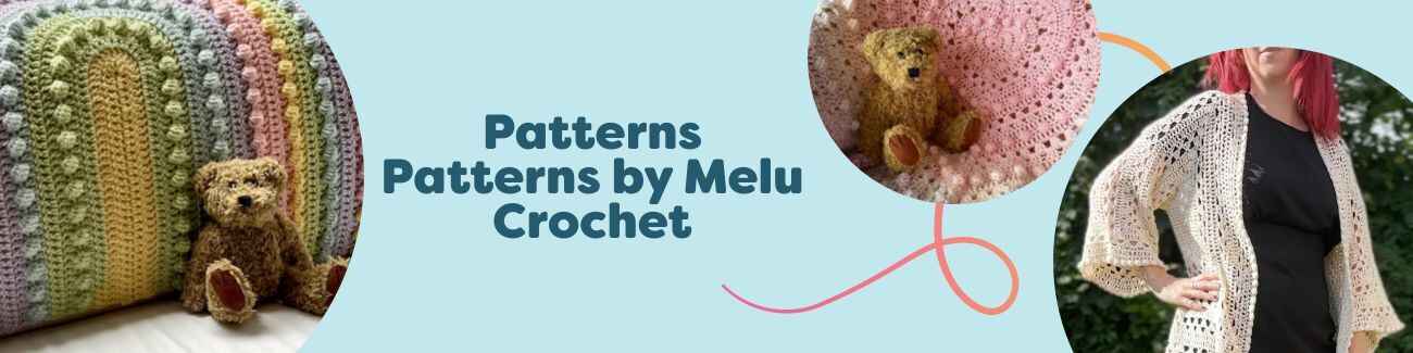 Collage of Melu Crochet patterns from Hobbii: blankets, scarves, and a hexagon cardigan in colorful yarns.