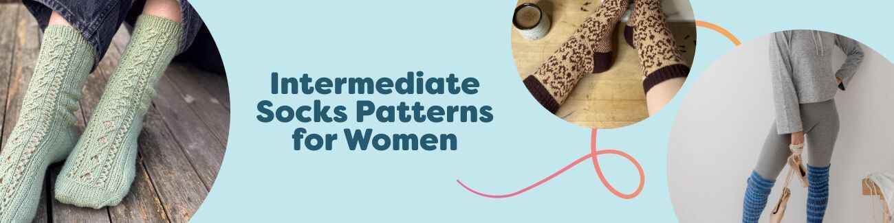 Women’s intermediate sock patterns on Hobbii—free knit and crochet socks and legwarmers with Fair Isle, lace, cables, and ribbing from ankle to knee-high.