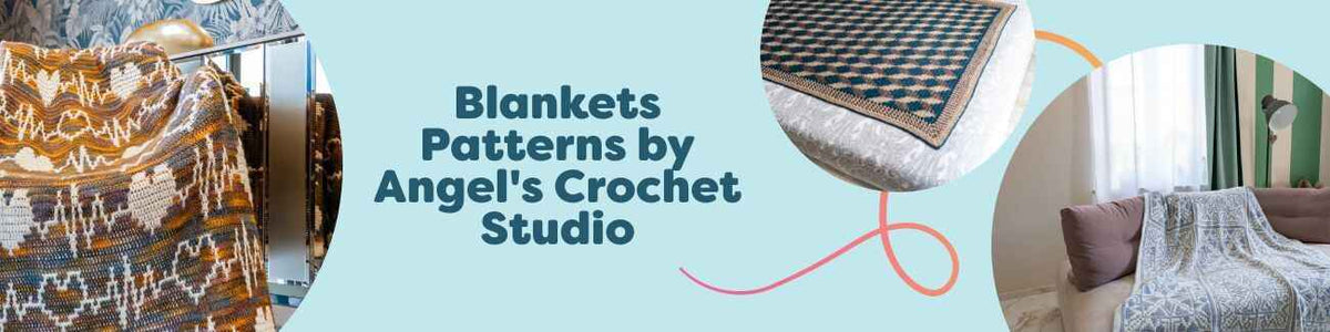 Intermediate crochet blanket patterns by Angel's Crochet Studio—throws like Pulse of Love, Infinity Cubes, and Depth Perception, styled with Hobbii yarns.